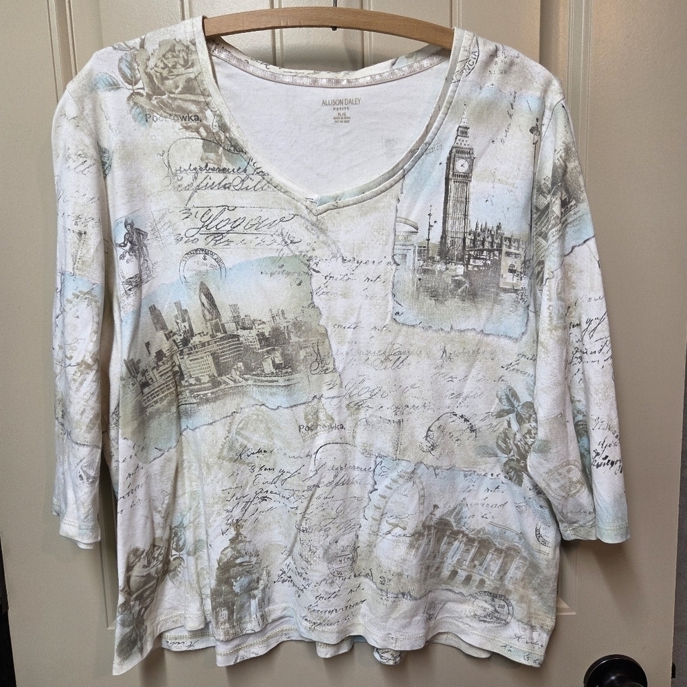 Allison Daley Cute Y2K 2000s 3/4 Sleeve All over Print Top Petite Large - Picture 2 of 15